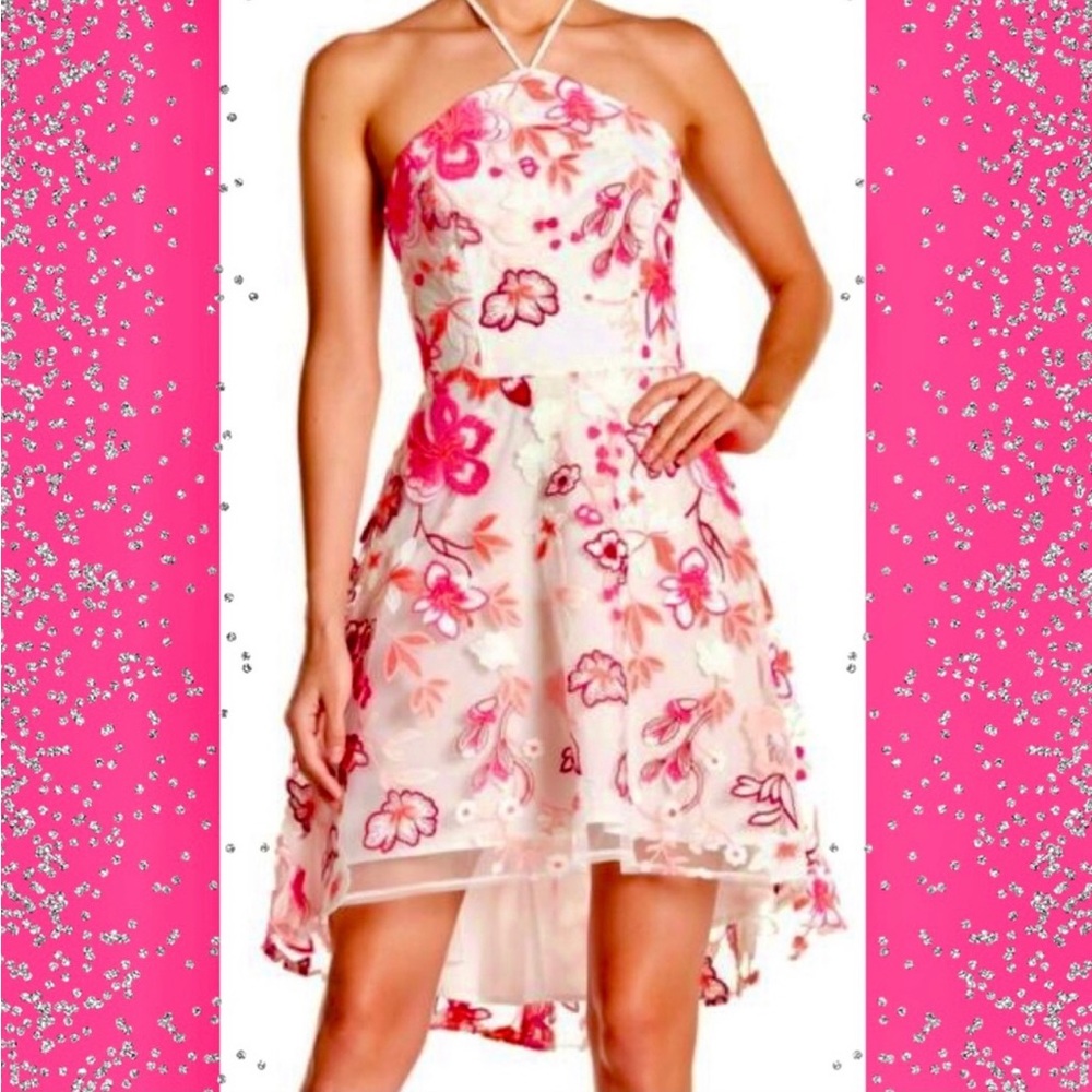 NWT ALEXIA ADMOR Women's Embroidered Floral High Low Halter Dress